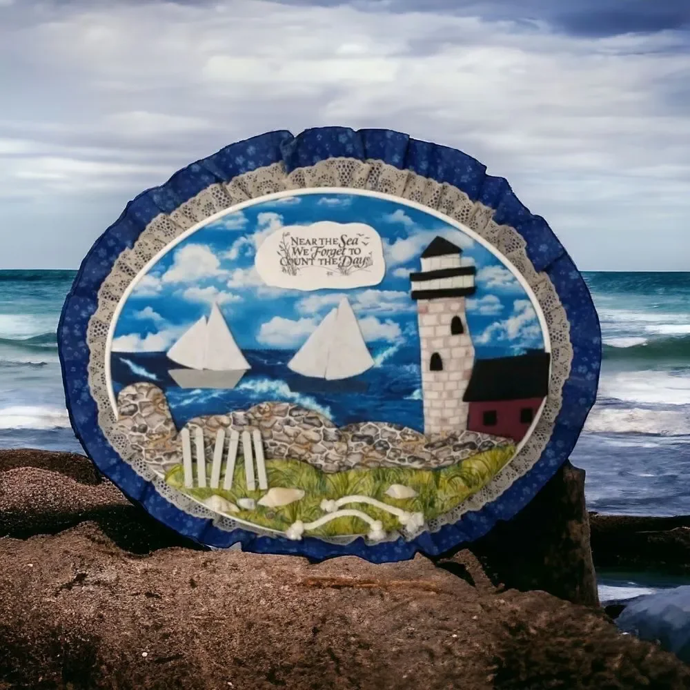 Vtg‎ Handmade Beach Wall Art Near The Sea Quilted Shells Lighthouse Beach House.